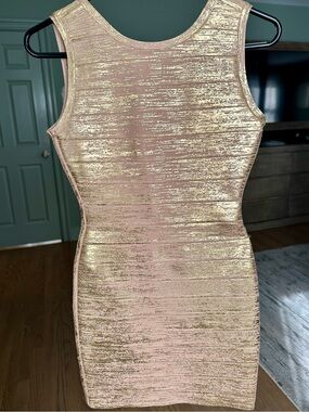 Herve Leger Blush Pink and Gold Metallic Bandage Mini Dress